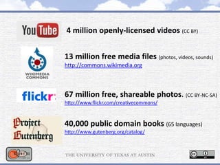13 million free media files (photos, videos, sounds)
http://commons.wikimedia.org
67 million free, shareable photos. (CC BY-NC-SA)
http://www.flickr.com/creativecommons/
40,000 public domain books (65 languages)
http://www.gutenberg.org/catalog/
4 million openly-licensed videos (CC BY)
 