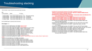 35
Troubleshooting stacking
Here member 2 stack connection was pulled down manually
Mbr
ID Mac Address Model Pri Status
--- ----------------- ------------------------------------- --- ---------------
1 f40343-34f900 Aruba JL073A 3810M-24G-PoE+-1-slot... 128 Standby Booting
2 f40343-350480 Aruba JL073A 3810M-24G-PoE+-1-slot... 150 Missing
3 f40343-350580 Aruba JL074A 3810M-48G-PoE+-1-slot... 100 Member
*4 00fd45-78f480 Aruba JL074A 3810M-48G-PoE+-1-slot... 128 Commander
Run the RMON logs to instantly check the events
Show logging –r –s
I 09/24/18 15:44:27 03260 stacking: ST4-CMDR: Member booted
I 09/24/18 15:44:27 03261 stacking: ST4-CMDR: Member active
I 09/24/18 15:44:27 03401 crypto: ST4-CMDR: Function POWER UP passed selftest.
I 09/24/18 15:44:26 02682 OOBM: ST3-MMBR: OOBM - Enabled globally.
I 09/24/18 15:44:27 00539 stacking: ST4-CMDR: Initial sync to member 3 complete
I 09/24/18 15:44:26 00539 stacking: ST4-CMDR: Initial sync to member 3 starting
I 09/24/18 15:44:26 00539 stacking: ST4-CMDR: Initial sync to standby starting
I 09/24/18 15:44:25 00539 stacking: ST1-MMBR: Initial sync to member 3 starting
I 09/24/18 15:44:25 03260 stacking: ST3-MMBR: Member booted
W 09/24/18 15:44:25 03270 stacking: ST4-CMDR: Topology is a Chain
I 09/24/18 15:44:25 03279 stacking: ST4-CMDR: Member 1 (f40343-34f900) chosen as standby. Reason: Highest switch
priority
I 09/24/18 15:44:25 00803 usb: ST4-CMDR: port enabled.
I 09/24/18 15:44:25 00110 telnet: ST4-CMDR: telnetd service enabled
I 09/24/18 15:44:25 00116 telnet: ST4-CMDR: telnetd service enabled on OOBM
I 09/24/18 15:44:24 02712 console: ST4-CMDR: USB console cable disconnected
I 09/24/18 15:44:24 02712 console: ST4-CMDR: USB console cable disconnected
I 09/24/18 15:44:24 00061 system: ST4-CMDR:
I 09/24/18 15:44:24 03267 stacking: ST4-CMDR: Failover occurred
I 09/24/18 15:44:24 03272 stacking: ST4-STBY: Stack fragment active
W 09/24/18 15:44:24 03270 stacking: ST4-STBY: Topology is a Chain
09/24/18 15:44:24 03278 stacking: ST4-STBY: Member 4 (00fd45-78f480) elected
as commander. Reason: Standby takeover
W 09/24/18 15:44:24 03258 stacking: ST4-STBY: Commander switch with Member ID 2
removed due to loss of communication
I 09/24/18 15:44:24 02559 chassis: ST1-MMBR: Stack port 4 is now off-line.
I 09/24/18 15:44:19 02557 chassis: ST2-CMDR: Stack port 4 cable removed.
I 09/24/18 15:44:15 02556 chassis: ST2-CMDR: Stack port 4 cable inserted.
W 09/24/18 15:44:10 05227 activate: ST2-CMDR: Time synchronization failed; retry
time sync after 60 seconds.
W 09/24/18 15:44:10 05626 activate: ST2-CMDR: Time sync with HTTP server failed.
I 09/24/18 15:44:08 05625 activate: ST2-CMDR: Trying to sync switch time with
HTTP server.
W 09/24/18 15:44:08 05626 activate: ST2-CMDR: Time sync with NTP server failed.
I 09/24/18 15:44:06 05625 activate: ST2-CMDR: Trying to sync switch time with NTP server.
I 09/24/18 15:43:35 02557 chassis: ST2-CMDR: Stack port 3 cable removed.
I 09/24/18 15:43:35 02559 chassis: ST2-CMDR: Stack port 3 is now off-line.
W 09/24/18 15:43:35 03270 stacking: ST2-CMDR: Topology is a Chain
W 09/24/18 15:43:06 05227 activate: ST2-CMDR: Time synchronization failed; retry
time sync after 60 seconds.
 