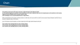 6
Chain
The switches on the ends of the chain only have a single link back to the adjacent switch.
For the inactive fragment, the switches remain powered on and create a separate stack, but all of network ports on the switches in the inactive
fragment become disabled and do not pass network traffic.
Chain topologies are not recommended because a single failure
When stacking failure at the switch, stacking module, or cable level, will cause switch-to-switch communication failures between switches that are
located on opposite sides of the failure.
Up to 10 switches may be stacked in an open-ended chain with single cables between each pair.
Two-member chain topology (One 0.5 meter stacking cables)
Three member chain topology (two 0.5 meter stacking cables)
Four-member chain topology (three 0.5 meter stacking cables)
 