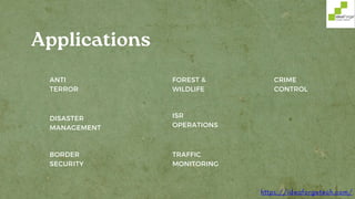 ANTI
TERROR
FOREST &
WILDLIFE
TRAFFIC
MONITORING
DISASTER
MANAGEMENT
BORDER
SECURITY
ISR
OPERATIONS
CRIME
CONTROL