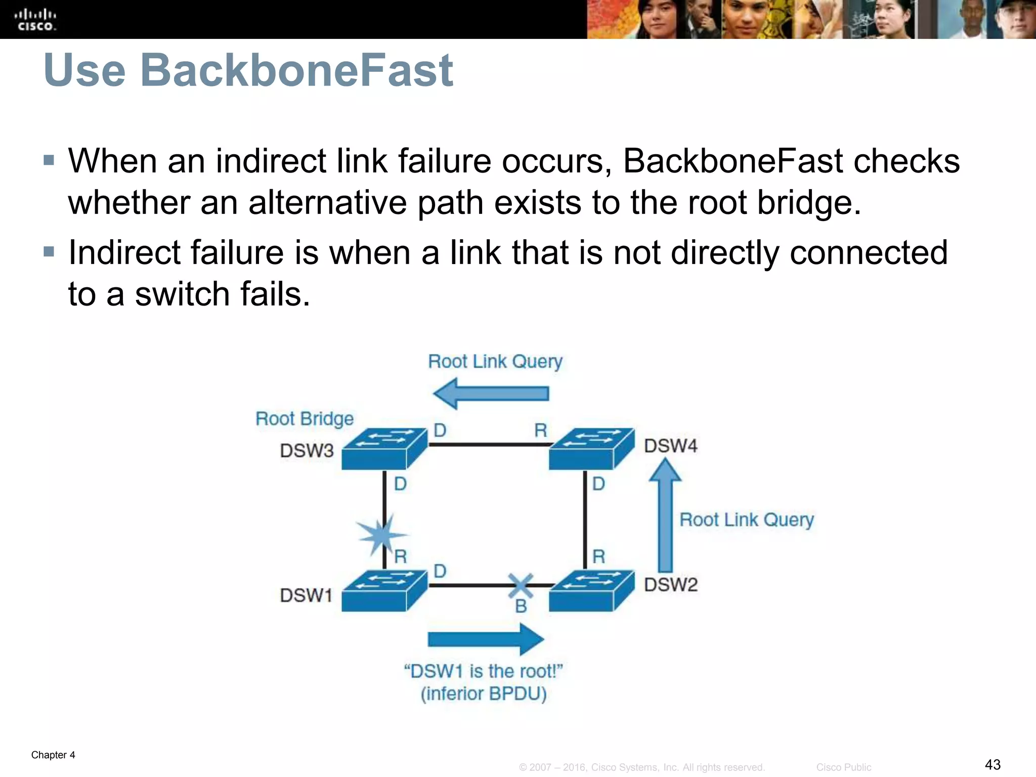Chapter 4
43© 2007 – 2016, Cisco Systems, Inc. All rights reserved. Cisco Public
Use BackboneFast
 When an indirect link failure occurs, BackboneFast checks
whether an alternative path exists to the root bridge.
 Indirect failure is when a link that is not directly connected
to a switch fails.
 