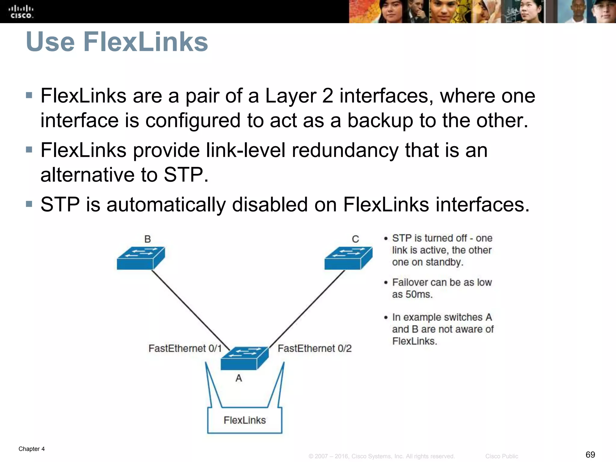 Chapter 4
69© 2007 – 2016, Cisco Systems, Inc. All rights reserved. Cisco Public
Use FlexLinks
 FlexLinks are a pair of a Layer 2 interfaces, where one
interface is configured to act as a backup to the other.
 FlexLinks provide link-level redundancy that is an
alternative to STP.
 STP is automatically disabled on FlexLinks interfaces.
 
