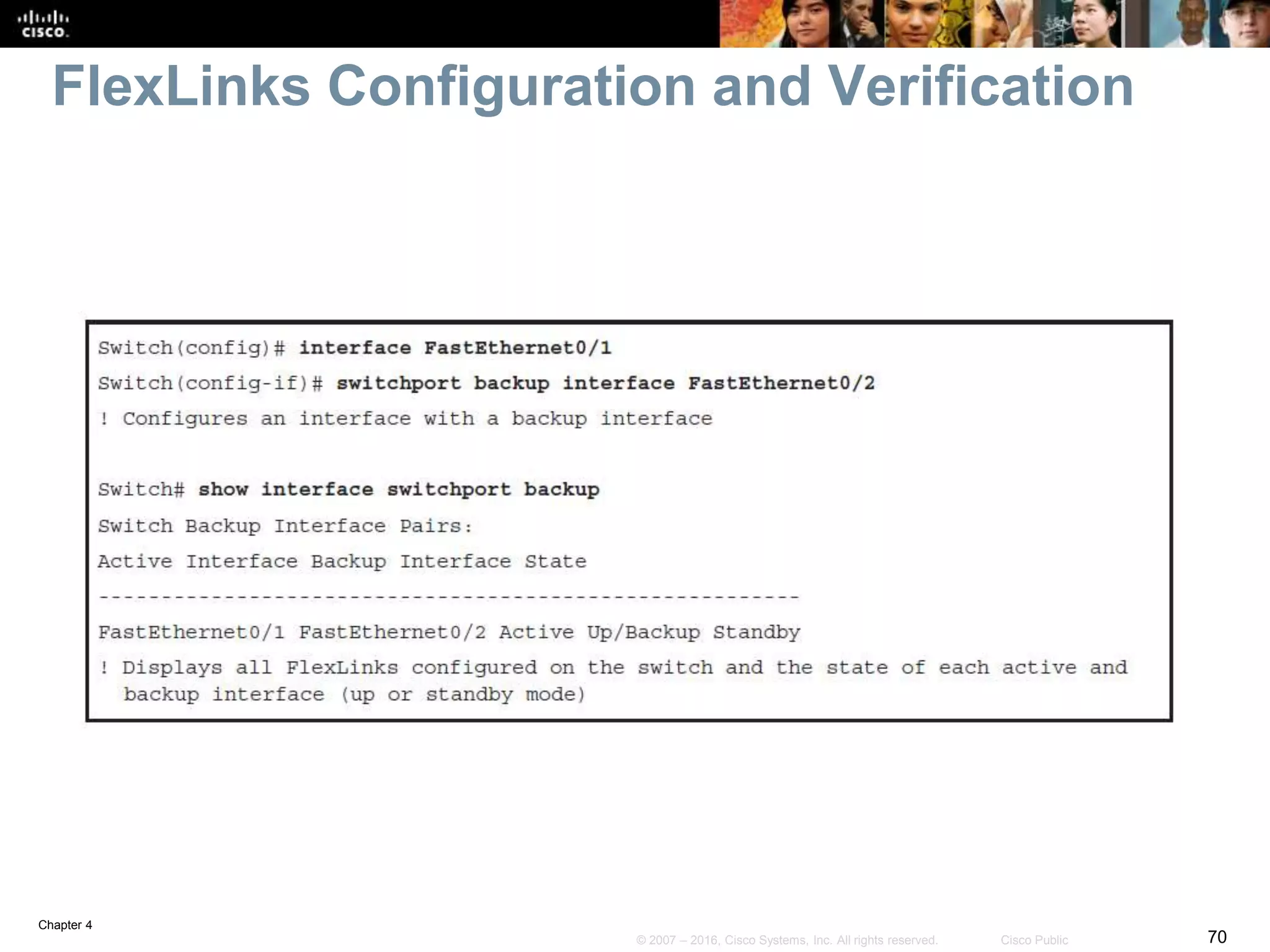 Chapter 4
70© 2007 – 2016, Cisco Systems, Inc. All rights reserved. Cisco Public
FlexLinks Configuration and Verification
 