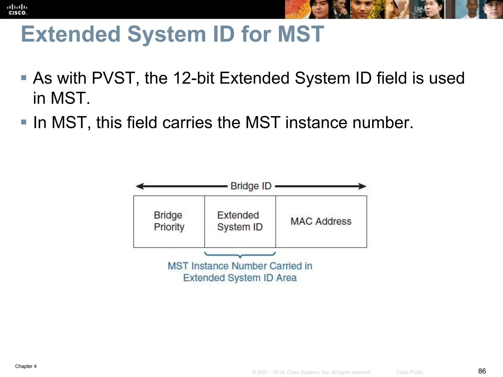 Chapter 4
86© 2007 – 2016, Cisco Systems, Inc. All rights reserved. Cisco Public
Extended System ID for MST
 As with PVST, the 12-bit Extended System ID field is used
in MST.
 In MST, this field carries the MST instance number.
 
