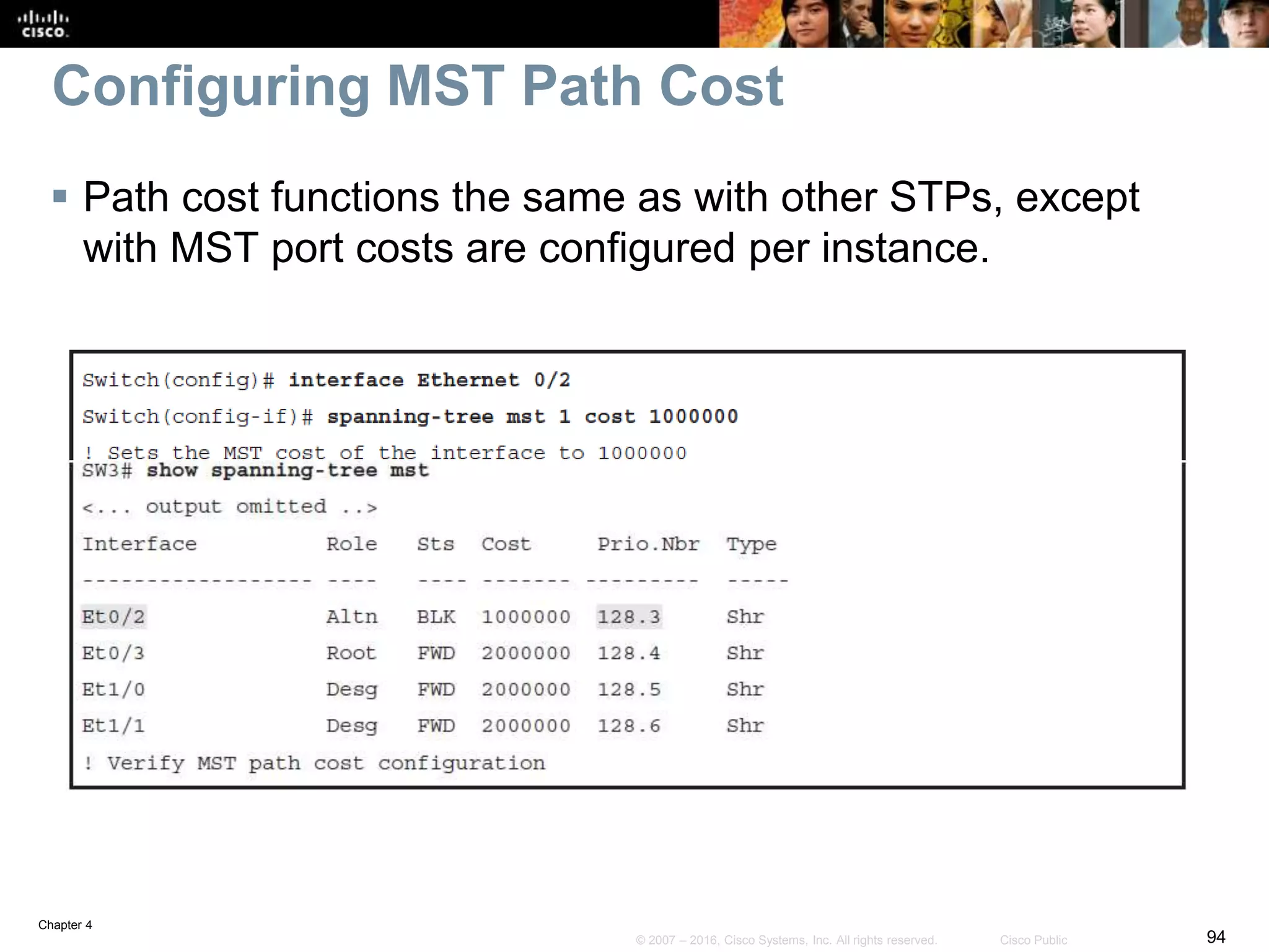 Chapter 4
94© 2007 – 2016, Cisco Systems, Inc. All rights reserved. Cisco Public
Configuring MST Path Cost
 Path cost functions the same as with other STPs, except
with MST port costs are configured per instance.
 