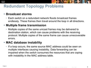 Chapter 4
6© 2007 – 2016, Cisco Systems, Inc. All rights reserved. Cisco Public
Redundant Topology Problems
 Broadcast storms
• Each switch on a redundant network floods broadcast frames
endlessly. These frames then travel around the loop in all directions.
 Multiple frame transmission
• Multiple copies of the same unicast frames may be delivered to
destination station, which can cause problems with the receiving
protocol. Multiple copies of the same frame can cause unrecoverable
errors.
 MAC database instability
• If a loop occurs, the same source MAC address could be seen on
multiple interfaces causing instability. Data forwarding can be
impaired when the switch consumes the resources that are coping
with instability in the MAC address table.
 