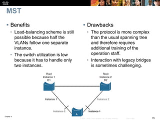 Chapter 4
78© 2007 – 2016, Cisco Systems, Inc. All rights reserved. Cisco Public
MST
 Benefits
• Load-balancing scheme is still
possible because half the
VLANs follow one separate
instance.
• The switch utilization is low
because it has to handle only
two instances.
 Drawbacks
• The protocol is more complex
than the usual spanning tree
and therefore requires
additional training of the
operation staff.
• Interaction with legacy bridges
is sometimes challenging.
 