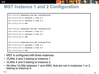 Chapter 4
89© 2007 – 2016, Cisco Systems, Inc. All rights reserved. Cisco Public
MST Instance 1 and 2 Configuration
 MST is configured with three instances.
 VLANs 2 and 3 belong to instance 1.
 VLANs 4 and 5 belong to instance 2.
 All other VLANs between 1 and 4094, that are not in instances 1 or 2,
belong to instance 0.
 
