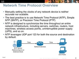 Chapter 7
28© 2007 – 2016, Cisco Systems, Inc. All rights reserved. Cisco Public
Network Time Protocol Overview
 Manually setting the clocks of any network device is neither
accurate nor scalable.
 The best practice is to use Network Time Protocol (NTP), Simple
NTP (SNTP), or Precision Time Protocol (PTP)
 NTP is designed to synchronize the time throughout an entire
network infrastructure, including servers, switches, routers, host
machines, wireless access points, uninterruptible power supply
(UPS), and so on.
 NTP leverages UDP port 123 for both the source and destination
by default.
 