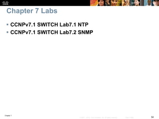 Chapter 7
54© 2007 – 2016, Cisco Systems, Inc. All rights reserved. Cisco Public
 CCNPv7.1 SWITCH Lab7.1 NTP
 CCNPv7.1 SWITCH Lab7.2 SNMP
Chapter 7 Labs
 