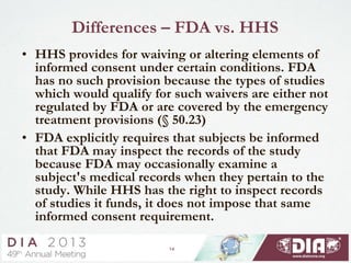 14
Differences – FDA vs. HHS
• HHS provides for waiving or altering elements of
informed consent under certain conditions. FDA
has no such provision because the types of studies
which would qualify for such waivers are either not
regulated by FDA or are covered by the emergency
treatment provisions (§ 50.23)
• FDA explicitly requires that subjects be informed
that FDA may inspect the records of the study
because FDA may occasionally examine a
subject's medical records when they pertain to the
study. While HHS has the right to inspect records
of studies it funds, it does not impose that same
informed consent requirement.
 