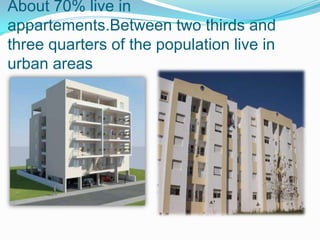 About 70% live in
appartements.Between two thirds and
three quarters of the population live in
urban areas
 