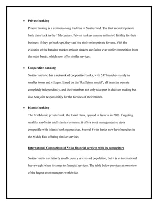 Private banking
Private banking is a centuries-long tradition in Switzerland. The first recorded private
bank dates back to the 17th century. Private bankers assume unlimited liability for their
business; if they go bankrupt, they can lose their entire private fortune. With the
evolution of the banking market, private bankers are facing ever stiffer competition from
the major banks, which now offer similar services.

Cooperative banking
Switzerland also has a network of cooperative banks, with 537 branches mainly in
smaller towns and villages. Based on the “Raiffeisen model”, all branches operate
completely independently, and their members not only take part in decision making but
also bear joint responsibility for the fortunes of their branch.

Islamic banking
The first Islamic private bank, the Faisal Bank, opened in Geneva in 2006. Targeting
wealthy non-Swiss and Islamic customers, it offers asset management services
compatible with Islamic banking practices. Several Swiss banks now have branches in
the Middle East offering similar services.

International Comparison of Swiss financial services with its competitors

Switzerland is a relatively small country in terms of population, but it is an international
heavyweight when it comes to financial services. The table below provides an overview
of the largest asset managers worldwide.

 