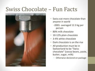 Swiss Chocolate – Fun Facts 
• Swiss eat more chocolate than 
anyone in world 
-2001- averaged 12.3 kg per 
person 
• 80% milk chocolate 
• 10-12% plain chocolate 
• 3-4% white chocolate 
• Dark chocolate is on the rise 
• All production must be in 
Switzerland to be “Swiss 
chocolate” (cocoa beans, paste, 
butter, sugar, milk) 
• Otherwise declared on package 
 