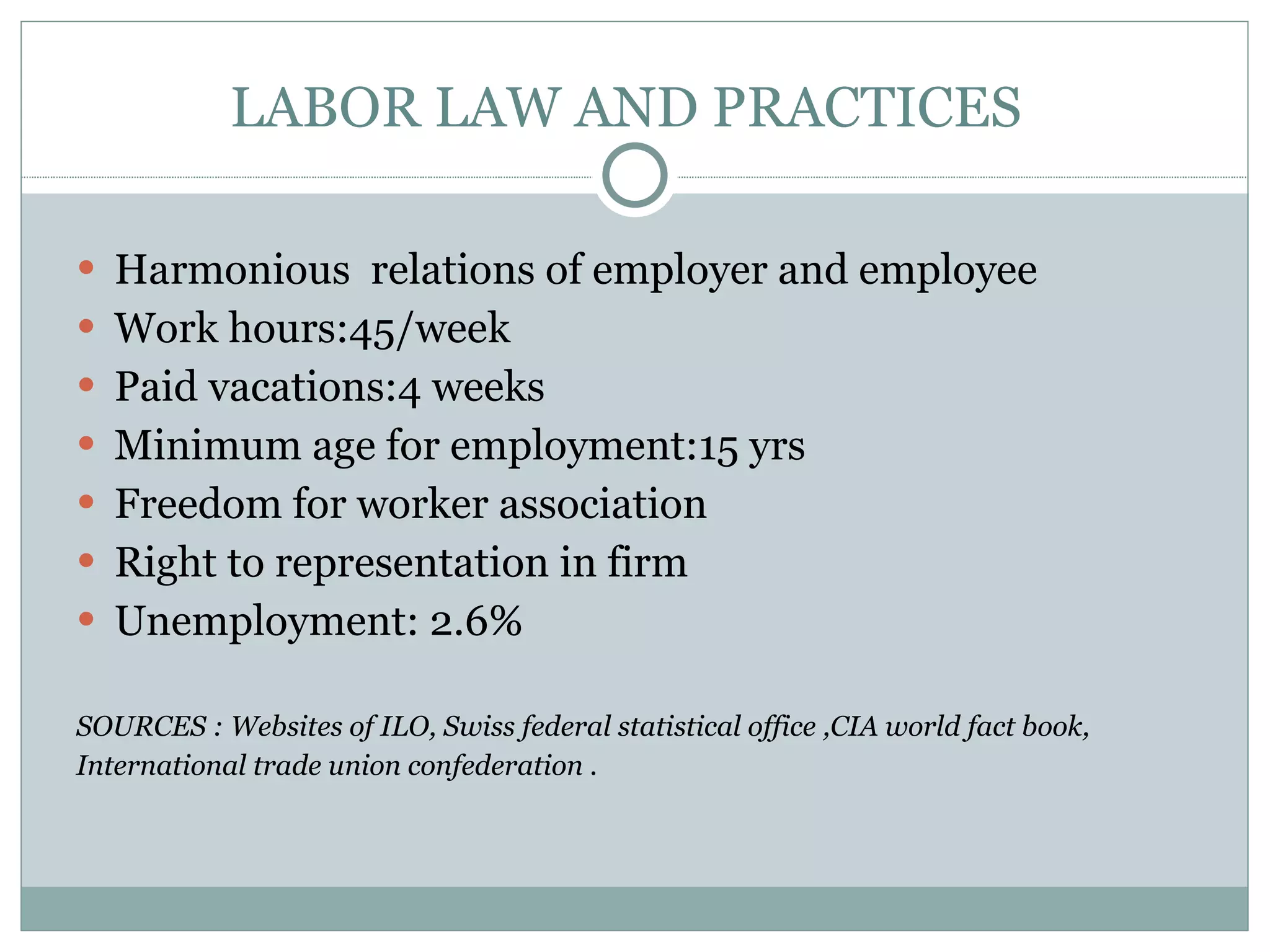 Harmonious  relations of employer and employee Work hours:45/week Paid vacations:4 weeks Minimum age for employment:15 yrs Freedom for worker association Right to representation in firm Unemployment: 2.6% SOURCES : Websites of ILO, Swiss federal statistical office ,CIA world fact book, International trade union confederation . LABOR LAW AND PRACTICES 