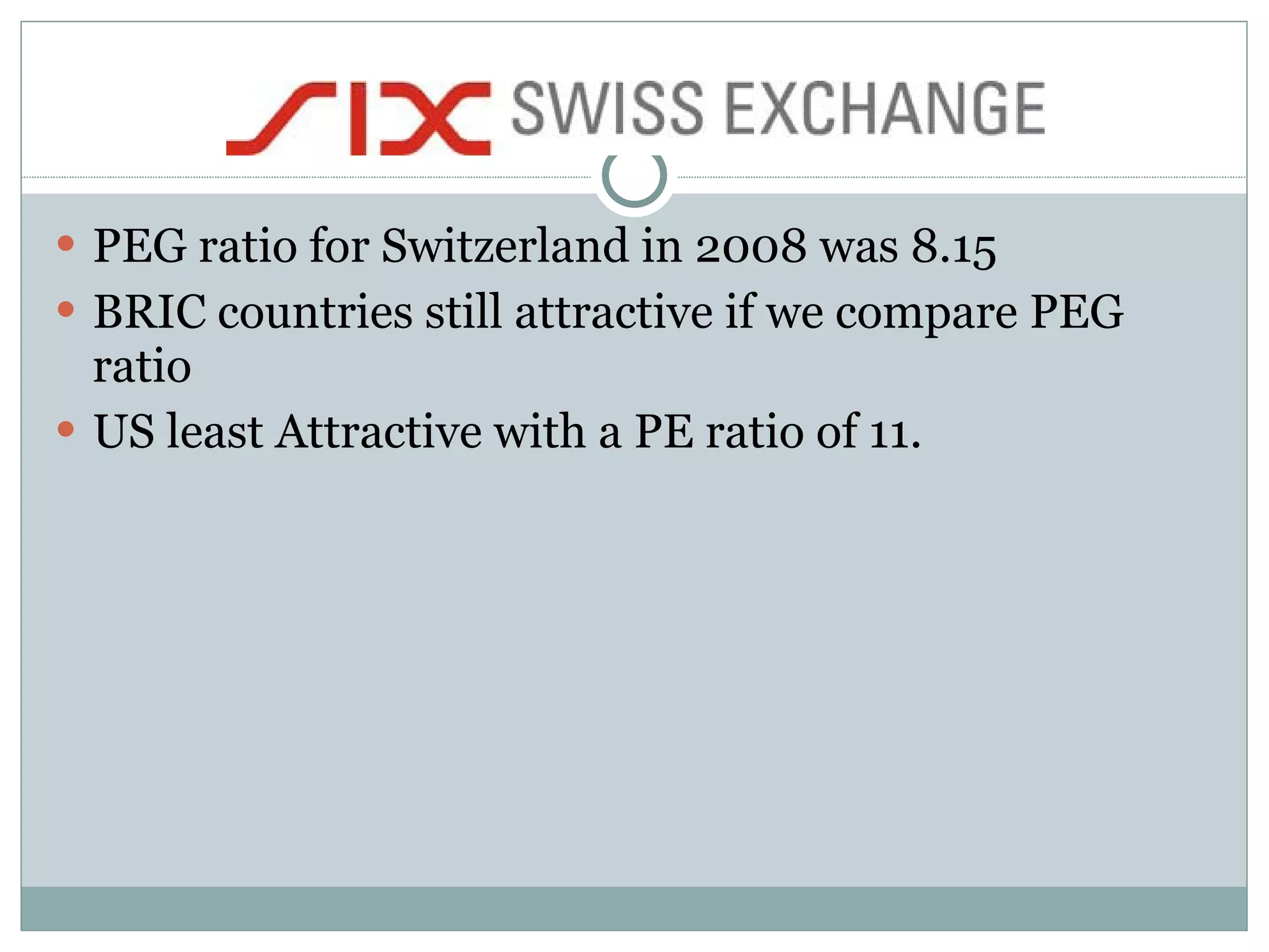 PEG ratio for Switzerland in 2008 was 8.15 BRIC countries still attractive if we compare PEG ratio US least Attractive with a PE ratio of 11. 