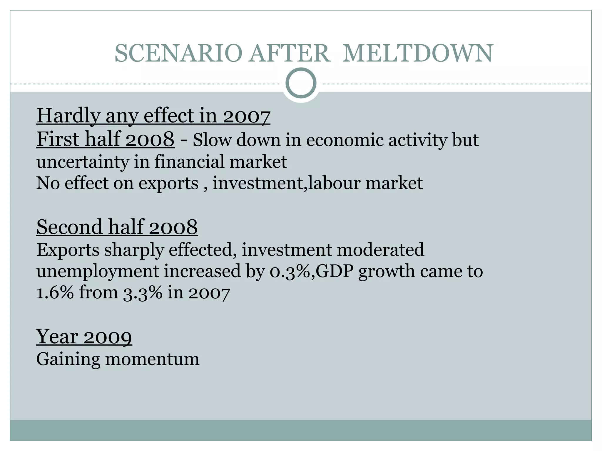   SCENARIO AFTER  MELTDOWN Hardly any effect in 2007 First half 2008  -  Slow down in economic activity but uncertainty in financial market No effect on exports , investment,labour market Second half 2008   Exports sharply effected, investment moderated unemployment increased by 0.3%,GDP growth came to 1.6% from 3.3% in 2007  Year 2009   Gaining momentum 