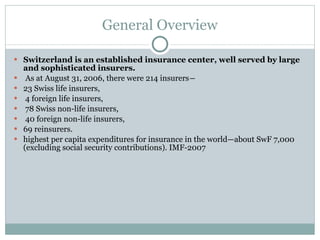 General Overview Switzerland is an established insurance center, well served by large and sophisticated insurers. As at August 31, 2006, there were 214 insurers― 23 Swiss life insurers, 4 foreign life insurers, 78 Swiss non-life insurers, 40 foreign non-life insurers,  69 reinsurers.  highest per capita expenditures for insurance in the world—about SwF 7,000 (excluding social security contributions). IMF-2007 