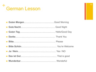 + 
German Lesson 
 Guten Morgen................................................Good Morning 
 Gute Nacht...................................................... Good Night 
 Guten Tag........................................................ Hello/Good Day 
 Danke............................................................... Thank You 
 Bitte.................................................................. Please 
 Bitte Schön........................................................ You’re Welcome 
 Ja / Nein............................................................ Yes / NO 
 Das ist Gut......................................................... That is good 
 Wunderbar........................................................ Wonderful 
10 
 