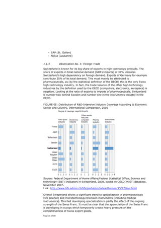 - SAP (St. Gallen)
     - Nokia (Lausanne)


1.1.4           Observation No. 4: Foreign Trade

Switzerland is known for its big share of exports in high technology products. The
share of exports in total national demand (GDP+Imports) of 37% indicates
Switzerland’s high dependency on foreign demand. Exports of Germany for example
contribute 25% of its total demand. This must mainly be attributed to
pharmaceuticals, as (by the statistical definition of the OECD) this is the only Swiss
high-technology industry. In fact, the trade balance of the other high-technology
industries by the definition used by the OECD (computers, electronics, aerospace) is
negative. Looking at the ratio of exports to imports of pharmaceuticals, Switzerland
is number two behind Sweden and number one in the instruments industry in the
OECD.

FIGURE 05: Distribution of R&D-Intensive Industry Coverage According to Economic
Sector and Country, International Comparison, 2005




Source: Federal Department of Home Affairs/Federal Statistical Office, Science and
technology (S&T) Indicators in Switzerland, 2008, based on OECD, MISTI database,
November 2007.
Link: http://www.bfs.admin.ch/bfs/portal/en/index/themen/15/22/lexi.html

Overall Switzerland shows a significant trend to specialization in pharmaceuticals
(life science) and microtechnology/precision instruments (including medical
instruments). This fast developing specialization is partly the effect of the ongoing
strength of the Swiss Franc. It must be clear that the appreciation of the Swiss Franc
is developing in scoops which temporarily create heavy pressure on the
competitiveness of Swiss export goods.
Page 16 of 88
 