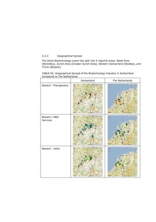 2.2.3       Geographical Spread

The Swiss Biotechnology scene has split into 4 regional areas: Basel Area
(BioValley), Zurich Area (Greater Zurich Area), Western Switzerland (BioAlps), and
Ticino (Biopolo).

TABLE 06: Geographical Spread of the Biotechnology Industry in Switzerland
Compared to The Netherlands
                                Switzerland               The Netherlands

Biotech –Therapeutics




Biotech / R&D
Services




Biotech - other
 