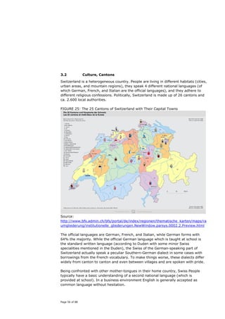 3.2             Culture, Cantons

Switzerland is a heterogeneous country. People are living in different habitats (cities,
urban areas, and mountain regions), they speak 4 different national languages (of
which German, French, and Italian are the official languages), and they adhere to
different religious confessions. Politically, Switzerland is made up of 26 cantons and
ca. 2.600 local authorities.

FIGURE 25: The 25 Cantons of Switzerland with Their Capital Towns




Source:
http://www.bfs.admin.ch/bfs/portal/de/index/regionen/thematische_karten/maps/ra
umgliederung/institutionelle_gliederungen.NewWindow.parsys.0002.2.Preview.html

The official languages are German, French, and Italian, while German forms with
64% the majority. While the official German language which is taught at school is
the standard written language (according to Duden with some minor Swiss
specialities mentioned in the Duden), the Swiss of the German-speaking part of
Switzerland actually speak a peculiar Southern-German dialect in some cases with
borrowings from the French vocabulary. To make things worse, these dialects differ
widely from canton to canton and even between villages and are spoken with pride.

Being confronted with other mother-tongues in their home country, Swiss People
typically have a basic understanding of a second national language (which is
provided at school). In a business environment English is generally accepted as
common language without hesitation.




Page 56 of 88
 