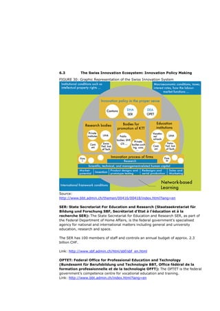 6.3         The Swiss Innovation Ecosystem: Innovation Policy Making

FIGURE 30: Graphic Representation of the Swiss Innovation System




Source:
http://www.bbt.admin.ch/themen/00416/00418/index.html?lang=en

SER: State Secretariat For Education and Research (Staatssekretariat für
Bildung und Forschung SBF, Secrétariat d'Etat à l'éducation et à la
recherche SER): The State Secretariat for Education and Research SER, as part of
the Federal Department of Home Affairs, is the federal government's specialised
agency for national and international matters including general and university
education, research and space.

The SER has 100 members of staff and controls an annual budget of approx. 2.3
billion CHF.

Link: http://www.sbf.admin.ch/htm/sbf/sbf_en.html

OPTET: Federal Office for Professional Education and Technology
(Bundesamt für Berufsbildung und Technologie BBT, Office fédéral de la
formation professionnelle et de la technologie OFFT): The OPTET is the federal
government’s competence centre for vocational education and training.
Link: http://www.bbt.admin.ch/index.html?lang=en
 