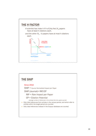 THE H FACTOR
        A scientist has index h if h of [his/her] Np papers
          have at least h citations each,
        and the other (Np - h) papers have at most h citations
          each.




THE SNIP
       Since 2010
       SNIP = Source Normalized Impact per Paper
       SNIP (Journal)= RIP/CP
        RIP = Raw Impact per Paper
        CP = Citation Potential
             (average number of references in the articles that cite a given journal)
Ò    Only cited references from articles in the census period, and which refer to
      articles within the target period are counted
Ò    Only cited references indexed in the Scopus database are counted




                                                                                        10	

 