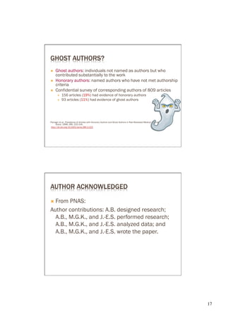 GHOST AUTHORS?
Ò    Ghost authors: individuals not named as authors but who
      contributed substantially to the work
Ò    Honorary authors: named authors who have not met authorship
      criteria
Ò    Confidential survey of corresponding authors of 809 articles
       É    156 articles (19%) had evidence of honorary authors
       É    93 articles (11%) had evidence of ghost authors




Flanagin et al., Prevalence of Articles with Honorary Authors and Ghost Authors in Peer-Reviewed Medical Journals. J. Am. Med.
     Assoc. 1998, 280, 222-224.
http://dx.doi.org/10.1001/jama.280.3.222




AUTHOR ACKNOWLEDGED

Ò  FromPNAS:
Author contributions: A.B. designed research;
  A.B., M.G.K., and J.-E.S. performed research;
  A.B., M.G.K., and J.-E.S. analyzed data; and
  A.B., M.G.K., and J.-E.S. wrote the paper.




                                                                                                                                 17	

 