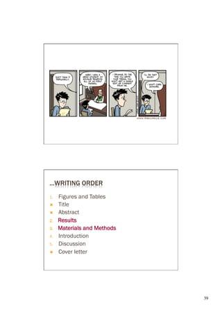 ...WRITING ORDER
1.     Figures and Tables
Ò     Title
Ò     Abstract
2 .    Results
3 .    Materials and Methods
4.     Introduction
5.     Discussion
Ò     Cover letter




                               39	

 