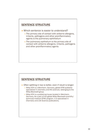 SENTENCE STRUCTURE
Ò  Which       sentence is easier to understand?
      É  The   primary site of contact with airborne allergens,
          irritants, pathogens and other proinflammatory
          agents is the pulmonary ephithelium
      É  The pulmonary epithelium is the primary site of
          contact with airborne allergens, irritants, pathogens
          and other proinflammatory agents




SENTENCE STRUCTURE
Ò    Often splitting in two is better, even if result is longer:
      É  Wiley-VCH is a Weinheim, Germany, global STM publisher
          specialized in chemistry and life sciences, belonging to the
          Wiley-Blackwell group.
      É  Wiley-VCH is a publishing house located in Weinheim,
          Germany. As a part of the global Wiley-Blackwell scientific/
          technical/medical (STM) program, it is specialized in
          Chemistry and Life Science publications.




                                                                         55	

 