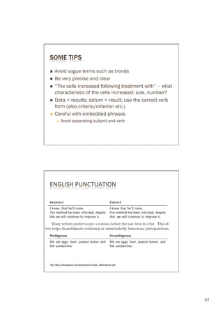 SOME TIPS
Ò  Avoid vague terms such as trends
Ò  Be very precise and clear

Ò  “The cells increased following treatment with” – what
    characteristic of the cells increased: size, number?
Ò  Data = results; datum = result; use the correct verb
    form (also criteria/criterion etc.)
Ò  Careful with embedded phrases
      É    Avoid separating subject and verb




ENGLISH	
  PUNCTUATION	
  




http://files.nothingisreal.com/publications/Tristan_Miller/advice.pdf




                                                                        57	

 