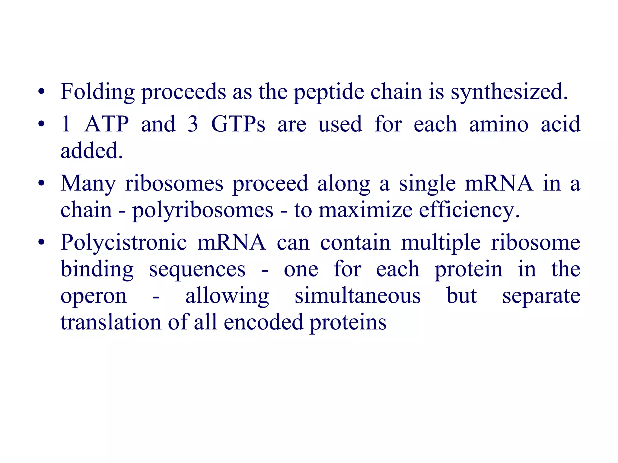 • Folding proceeds as the peptide chain is synthesized.
• 1 ATP and 3 GTPs are used for each amino acid
added.
• Many ribosomes proceed along a single mRNA in a
chain - polyribosomes - to maximize efficiency.
• Polycistronic mRNA can contain multiple ribosome
binding sequences - one for each protein in the
operon - allowing simultaneous but separate
translation of all encoded proteins
 