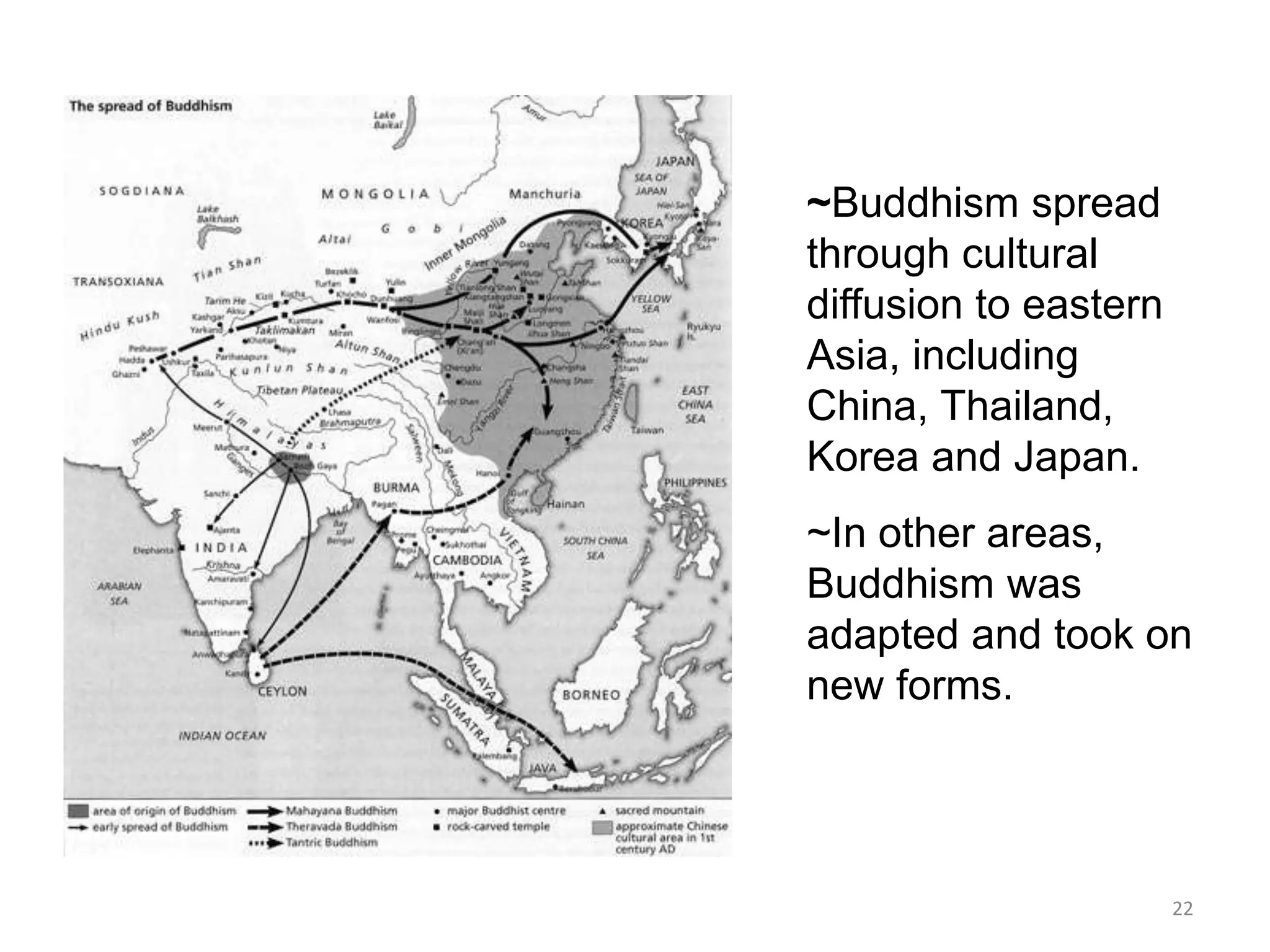 ~Buddhism spread
through cultural
diffusion to eastern
Asia, including
China, Thailand,
Korea and Japan.
~In other areas,
Buddhism was
adapted and took on
new forms.
22
 