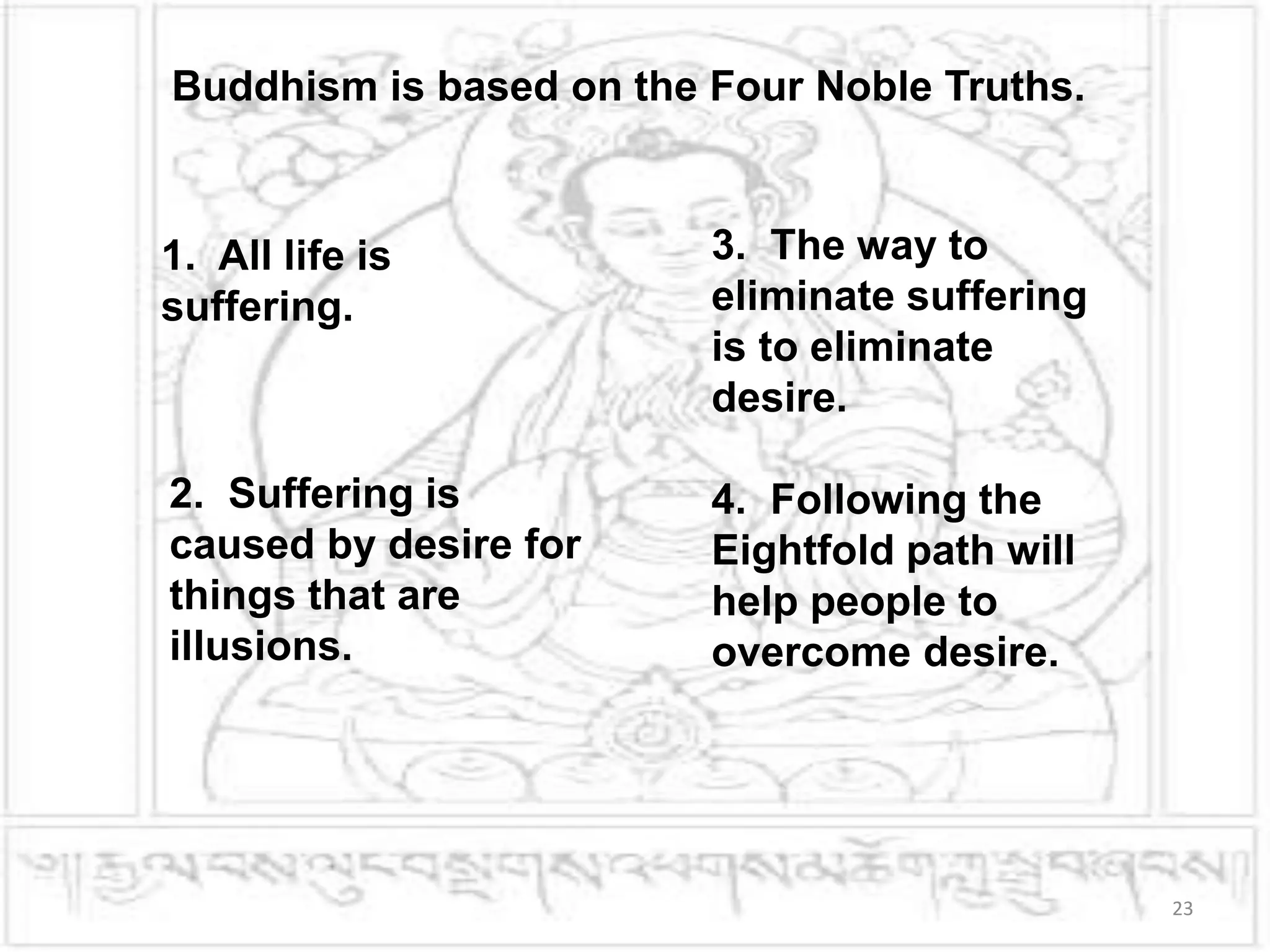 Buddhism is based on the Four Noble Truths.
1. All life is
suffering.
2. Suffering is
caused by desire for
things that are
illusions.
3. The way to
eliminate suffering
is to eliminate
desire.
4. Following the
Eightfold path will
help people to
overcome desire.
23
 