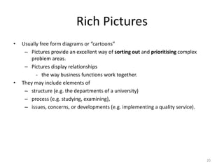 Rich Pictures
• Usually free form diagrams or “cartoons”
– Pictures provide an excellent way of sorting out and prioritising complex
problem areas.
– Pictures display relationships
- the way business functions work together.
• They may include elements of
– structure (e.g. the departments of a university)
– process (e.g. studying, examining),
– issues, concerns, or developments (e.g. implementing a quality service).
20
 