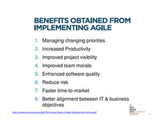 http://www.versionone.com/pdf/7th-Annual-State-of-Agile-Development-Survey.pdf
1. Managing changing priorities
2. Increased Productivity
3. Improved project visibility
4. Improved team morale
5. Enhanced software quality
6. Reduce risk
7. Faster time-to-market
8. Better alignment between IT & business
objectives
4
 