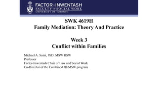 SWK 4619H
Family Mediation: Theory And Practice
Week 3
Conflict within Families
Michael A. Saini, PhD, MSW RSW
Professor
Factor-Inwentash Chair of Law and Social Work
Co-Director of the Combined JD/MSW program
 