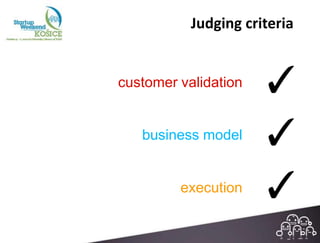 Judging criteria


customer validation   ✓
   business model     ✓
         execution    ✓
 