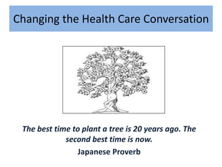 Changing the Health Care Conversation

The best time to plant a tree is 20 years ago. The
second best time is now.
Japanese Proverb

 