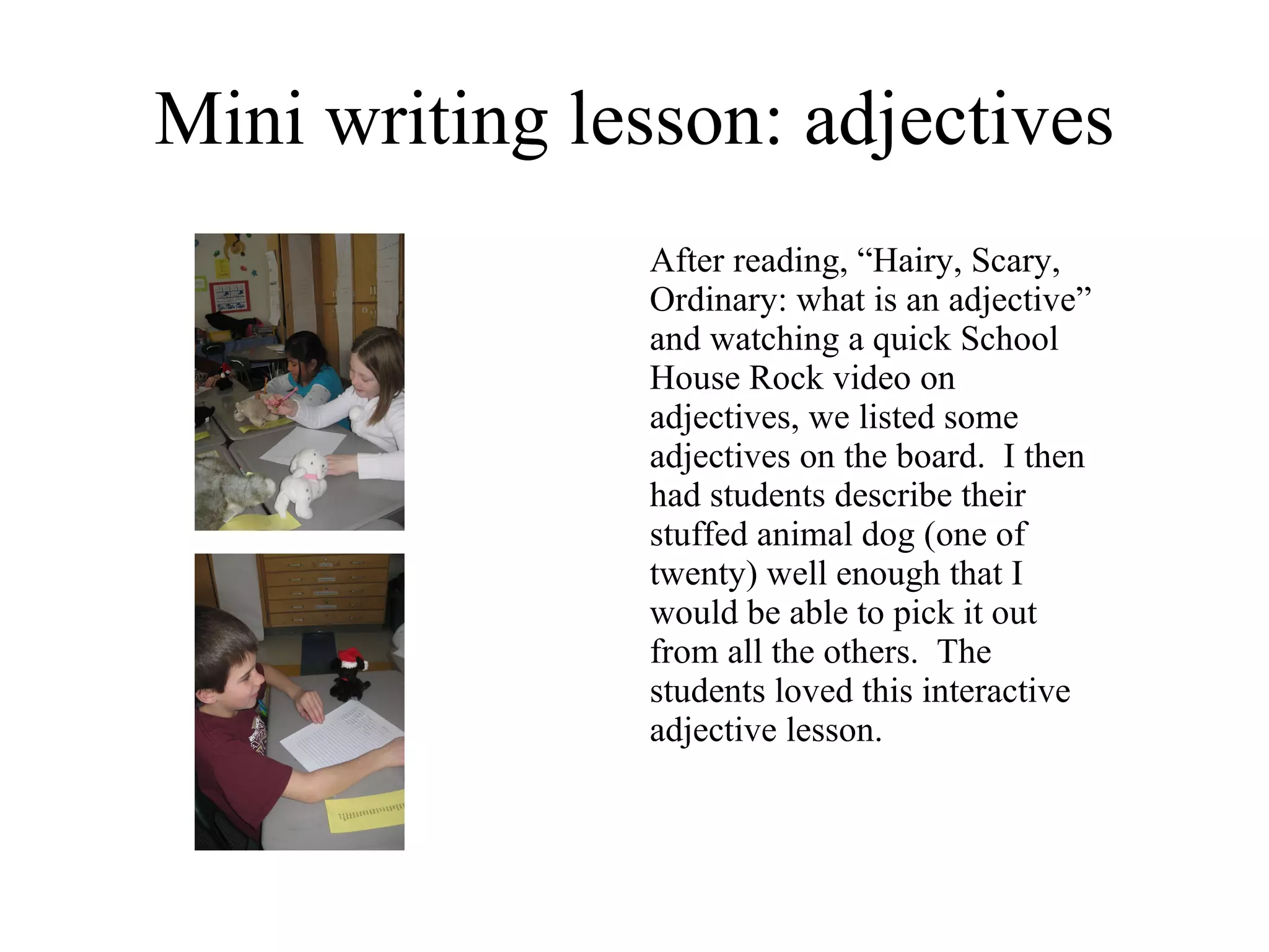 Mini writing lesson: adjectives After reading, “Hairy, Scary, Ordinary: what is an adjective” and watching a quick School House Rock video on adjectives, we listed some adjectives on the board.  I then had students describe their stuffed animal dog (one of twenty) well enough that I would be able to pick it out from all the others.  The  students loved this interactive adjective lesson. 