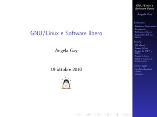 GNU/Linux e
                               Software libero

                                 Angela Gay


                              Software
                              Sistema Operativo
                              Categorie

GNU/Linux e Software libero   Software libero
                              Requisiti del sw
                              libero

                              Storia
                              Gli albori
                              Nasce Minx
         Angela Gay           Nasce la FSF e
                              GNU
                              Nasce Linux
                              GNU e Linux si
                              incontrano

                              Linux oggi
       19 ottobre 2010        Le distribuzioni
                              Linux
                              Ubuntu
 