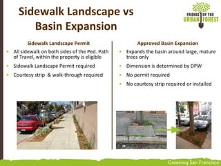 Sidewalk Landscape Permit
• All sidewalk on both sides of the Ped. Path
of Travel, within the property is eligible
• Sidewalk Landscape Permit required
• Courtesy strip & walk-through required
Sidewalk Landscape vs
Basin Expansion
Approved Basin Expansion
• Expands the basin around large, mature
trees only
• Dimension is determined by DPW
• No permit required
• No courtesy strip required or installed
 