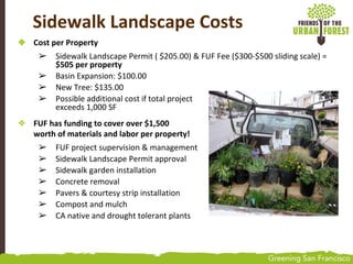 ❖ Cost per Property
➢ Sidewalk Landscape Permit ( $205.00) & FUF Fee ($300-$500 sliding scale) =
$505 per property
➢ Basin Expansion: $100.00
➢ New Tree: $135.00
➢ Possible additional cost if total project
exceeds 1,000 SF
❖ FUF has funding to cover over $1,500
worth of materials and labor per property!
➢ FUF project supervision & management
➢ Sidewalk Landscape Permit approval
➢ Sidewalk garden installation
➢ Concrete removal
➢ Pavers & courtesy strip installation
➢ Compost and mulch
➢ CA native and drought tolerant plants
Sidewalk Landscape Costs
 