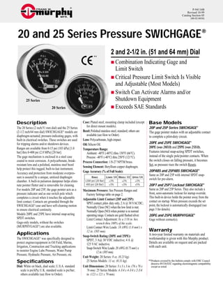 P-94116B
Revised 10-99
Catalog Section 05
(00-02-0030)
20 and 25 Series Pressure SWICHGAGE®
2 and 2-1/2 in. (51 and 64 mm) Dial
s Combination Indicating Gage and
Limit Switch
s Critical Pressure Limit Switch Is Visible
and Adjustable (Most Models)
s Switch Can Activate Alarms and/or
Shutdown Equipment
s Exceeds SAE Standards
Description
The 20 Series (2 inch/51 mm dial) and the 25 Series
(2-1/2 inch/64 mm dial) SWICHGAGE®
models are
diaphragm-actuated, pressure-indicating gages, with
built-in electrical switches. These switches are used
for tripping alarms and/or shutdown devices.
Ranges are available from 0-15 psi (103 kPa) [1.0
bar] thru 0-400 psi (2.8 MPa) [28 bar].
The gage mechanism is enclosed in a steel case
coated to resist corrosion. A polycarbonate, break-
resistant lens and a polished, stainless steel bezel
help protect this rugged, built-to-last instrument.
Accuracy and protection from moderate overpres-
sure is assured by a unique, unitized diaphragm
chamber. A built-in pulsation dampener helps elimi-
nate pointer flutter and is removable for cleaning.
For models 20P and 25P, the gage pointer acts as a
pressure indicator and as one switch pole which
completes a circuit when it touches the adjustable
limit contact. Contacts are grounded through the
SWICHGAGE®
case and have self-cleaning motion
to ensure electrical continuity.
Models 20PE and 25PE have internal snap-acting
SPDT switches.
Gage-only models, without the switches
(MURPHYGAGE®
) are also available.
Applications
The SWICHGAGE®
was specifically designed to
protect engines/equipment in Oil Field, Marine,
Irrigation, Construction and Trucking applications
to monitor Engine Lube Pressure, Water Pump
Pressure, Hydraulic Pressure, Air Pressure, etc.
Specifications
Dial: White on black, dual scale; U.S.A. standard
scale is psi/kPa; U.K. standard scale is psi/bar;
others available (see How to Order).
Case: Plated steel; mounting clamp included (except
for direct mount models).
Bezel:Polished stainless steel, standard; others are
available (see How to Order).
Lens:Polycarbonate, high-impact.
Oil:Silicon Oil.
Temperature Range:
Ambient: -40°F (-40°C) thru 150°F (66°C).
Process: -40°F (-40°C) thru 250°F (121°C).
Process Connection: 1/8-27 NPTM brass.
Sensing Element: Beryllium copper diaphragm.
Gage Accuracy (% of Full Scale):
Maximum Pressure: See Pressure Ranges and
Factory Settings table on page 2.
Adjustable Limit Contact (20P and 25P):
SPST contact; pilot- duty only, 2 A @ 30 VAC/DC;
Normally Close (NC) when the low limit is met.
Normally Open (NO) when pointer is in normal
operating range. Contacts are gold flashed silver.
Limit Contact Adjustment: by a 1/16 in. hex
wrench thru 100% of the scale.
Limit Contact Wire Leads: 18 AWG (1.0 mm2
) x
12 in. (305 mm).
Snap-Switch Rating (20PE and 25PE):
SPDT, 3 A@ 30 VDC inductive; 4 A @
125 VAC inductive.
Snap-Switch WireLeads:20AWG(0.75mm2
)x
12in.(305mm).
Unit Weight: 20 Series: 8 oz. (0.23 kg).
25 Series Models: 11 oz. (0.31 kg).
Unit Dimensions: 20 Series: 3 x 3 x 3 in. (76 x 76 x
76 mm). 25 Series Models: 4-3/4 x 4-3/4 x 2-3/4
in. (121 x 121 x 70 mm).
Base Models
20P and 25P Series SWICHGAGE®
The gage pointer makes with an adjustable contact
to complete a pilot-duty circuit.
20PE and 25PE SWICHGAGE®
20PE (was 20EO) and 25PE (was 25EO).
Features internal snap-acting SPDT switches,
instead of the single pole/pointer contacts. When
the switch closes on falling pressure, it becomes
Set, as pressure rises the switch Resets.
20PABS and 25PABS SWICHGAGE®
Same as 20P and 25P with internal SPDT snap-
switch for pre-alarm.
20P7 and 25P7 Lockout SWICHGAGE®
Same as 20P and 25P Series. They also include a
front, semi-automatic lockout for startup override.
This built-in device holds the pointer away from the
contact on startup. When pressure exceeds the set
point, the lockout is automatically disengaged (see
page 3 for details).
20PG and 25PG MURPHYGAGE®
Gage without contact(s).
Warranty
A two-year limited warranty on materials and
workmanship is given with this Murphy product.
Details are available on request and are packed
with each unit.
20 Series
25 Series
**Products covered by this bulletin comply with EMC Council
directive 89/336/EEC regarding electromagnetic compatibility
except as noted.
**
®FRANK W.
MFR.
RANGE
≤300 psi (20 Bar)
400 psi (28 Bar)
LOWER 1/4
±3%
±3%
MIDDLE 1/2
±2%
±3%
UPPER 1/4
±3%
±5%
 