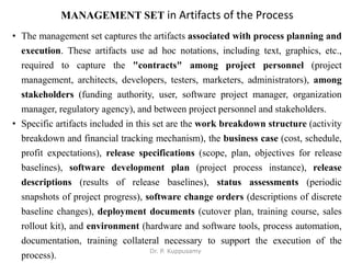 MANAGEMENT SET in Artifacts of the Process
• The management set captures the artifacts associated with process planning and
execution. These artifacts use ad hoc notations, including text, graphics, etc.,
required to capture the "contracts" among project personnel (project
management, architects, developers, testers, marketers, administrators), among
stakeholders (funding authority, user, software project manager, organization
manager, regulatory agency), and between project personnel and stakeholders.
• Specific artifacts included in this set are the work breakdown structure (activity
breakdown and financial tracking mechanism), the business case (cost, schedule,
profit expectations), release specifications (scope, plan, objectives for release
baselines), software development plan (project process instance), release
descriptions (results of release baselines), status assessments (periodic
snapshots of project progress), software change orders (descriptions of discrete
baseline changes), deployment documents (cutover plan, training course, sales
rollout kit), and environment (hardware and software tools, process automation,
documentation, training collateral necessary to support the execution of the
process).
Dr. P. Kuppusamy
 
