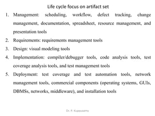Life cycle focus on artifact set
1. Management: scheduling, workflow, defect tracking, change
management, documentation, spreadsheet, resource management, and
presentation tools
2. Requirements: requirements management tools
3. Design: visual modeling tools
4. Implementation: compiler/debugger tools, code analysis tools, test
coverage analysis tools, and test management tools
5. Deployment: test coverage and test automation tools, network
management tools, commercial components (operating systems, GUIs,
DBMSs, networks, middleware), and installation tools
Dr. P. Kuppusamy
 