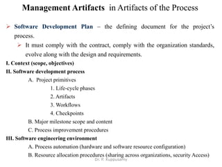 Management Artifacts in Artifacts of the Process
 Software Development Plan – the defining document for the project’s
process.
 It must comply with the contract, comply with the organization standards,
evolve along with the design and requirements.
I. Context (scope, objectives)
II. Software development process
A. Project primitives
1. Life-cycle phases
2. Artifacts
3. Workflows
4. Checkpoints
B. Major milestone scope and content
C. Process improvement procedures
III. Software engineering environment
A. Process automation (hardware and software resource configuration)
B. Resource allocation procedures (sharing across organizations, security Access)
Dr. P. Kuppusamy
 
