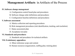 Management Artifacts in Artifacts of the Process
IV. Software change management
A. Configuration control board plan and procedures
B. Software change order definitions and procedures
C. Configuration baseline definitions and procedures
V. Software assessment
A. Metrics collection and reporting procedures
B. Risk management procedures (risk identification, tracking, and resolution)
C. Status assessment plan
D. Acceptance test plan
VI. Standards and procedures
A. Standards and procedures for technical artifacts
VII. Evolutionary appendixes
A. Minor milestone scope and content
B. Human resources (organization, staffing plan, training plan)
Dr. P. Kuppusamy
 