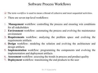 Software Process Workflows
 There are seven top-level workflows:
1. Management workflow: controlling the process and ensuring win conditions
for all stakeholders
2. Environment workflow: automating the process and evolving the maintenance
environment
3. Requirements workflow: analyzing the problem space and evolving the
requirements artifacts
4. Design workflow: modeling the solution and evolving the architecture and
design artifacts
5. Implementation workflow: programming the components and evolving the
implementation and deployment artifacts
6. Assessment workflow: assessing the trends in process and product quality
7. Deployment workflow: transitioning the end products to the user
 The term workflow is used to mean a thread of cohesive and most sequential activities.
Dr. P. Kuppusamy
 